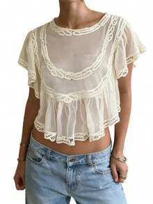 Women's Sheer Mesh Cropped Cover-Up Off Shoulder Guipure Lace Batwing Half Sleeve Tops - Blanco marfil - Ver 5