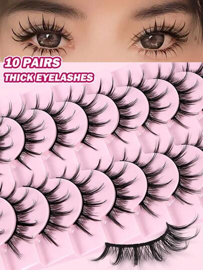 MAANGE 10 Pairs 3D Manga Style Natural Looking Cluster False Eyelashes, Pointed Tip Long Stalk Thin Lashes With Manga Eye Effect For Cartoon Style Eye Makeup Strip Lashes,Lashes,Eyelashes,Fake Lashes ﻿
