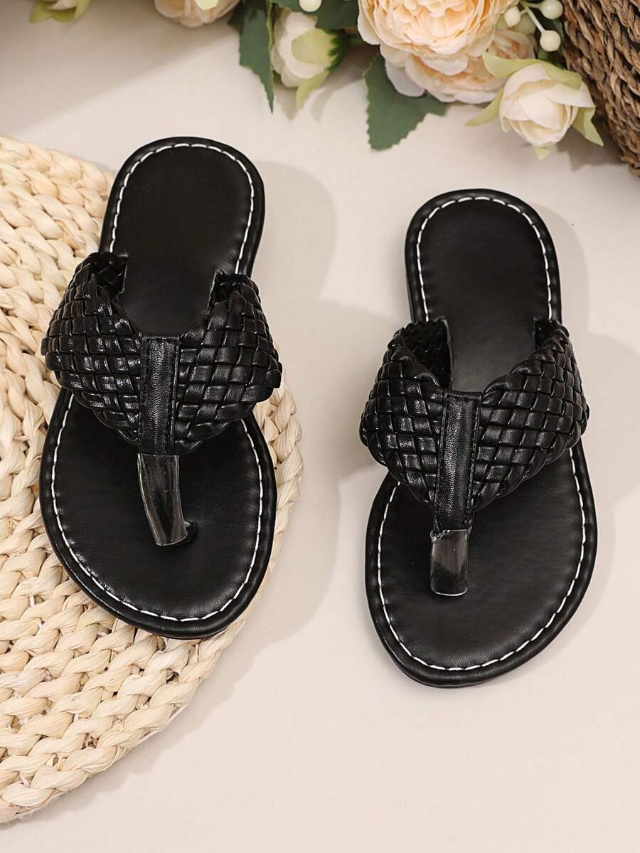 1 Pair Solid Color PU Woven Flip Flops For Teens, Round Toe Slip-On Design, Soft Sole, Fashionable & Cute Roman Style Sandals, Suitable For Male/Female Students, Daily Casual, Beach, Summer - Black - View 1
