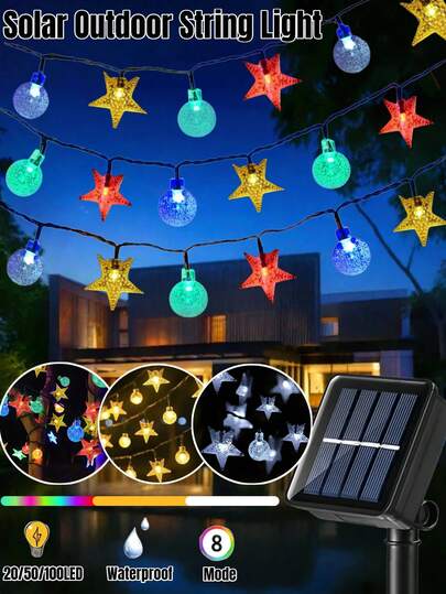 20/50/100颗LED太阳能花园灯串 - 8种灯光模式，IP65防水，户外太阳能星形水晶球灯串，打造您专属的梦幻花园，适用于花园、庭院、树木、围栏、阳台、房屋、聚会、婚礼、派对、凉亭、窗户、墙壁、节日、复活节装饰等场合。