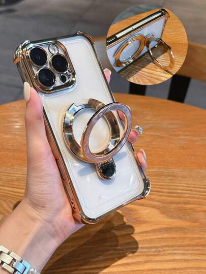 Magnetic 1pc Luxury Electroplated Gold Edge Thick Phone Case With Foldable Stand, CD Texture, Perforated Design With Lens Film, Compatible With Iphone 17 Pro Max, 17 Pro, 17, 16 Pro Max, 16 Pro, 16, 15 Pro Max, 15 Pro, 14, 13, 12 Pro Max, And Galaxy S26 Ultra, S25 Ultra, S24 Ultra, S23 Ultra, S26, S25, S24, S23, S22 Plus, Ideal Gift For Family And Friends