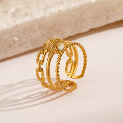 1 pieza Anillo de cadena de acero inoxidable con diseño de trébol chapado en oro de 18K, adecuado para mujeres como accesorio de vacaciones