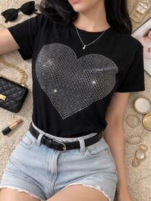 Women's Blouse With Heart Print Full Rhinestones Blingbling No Rhinestones - màu đen - Xem 3