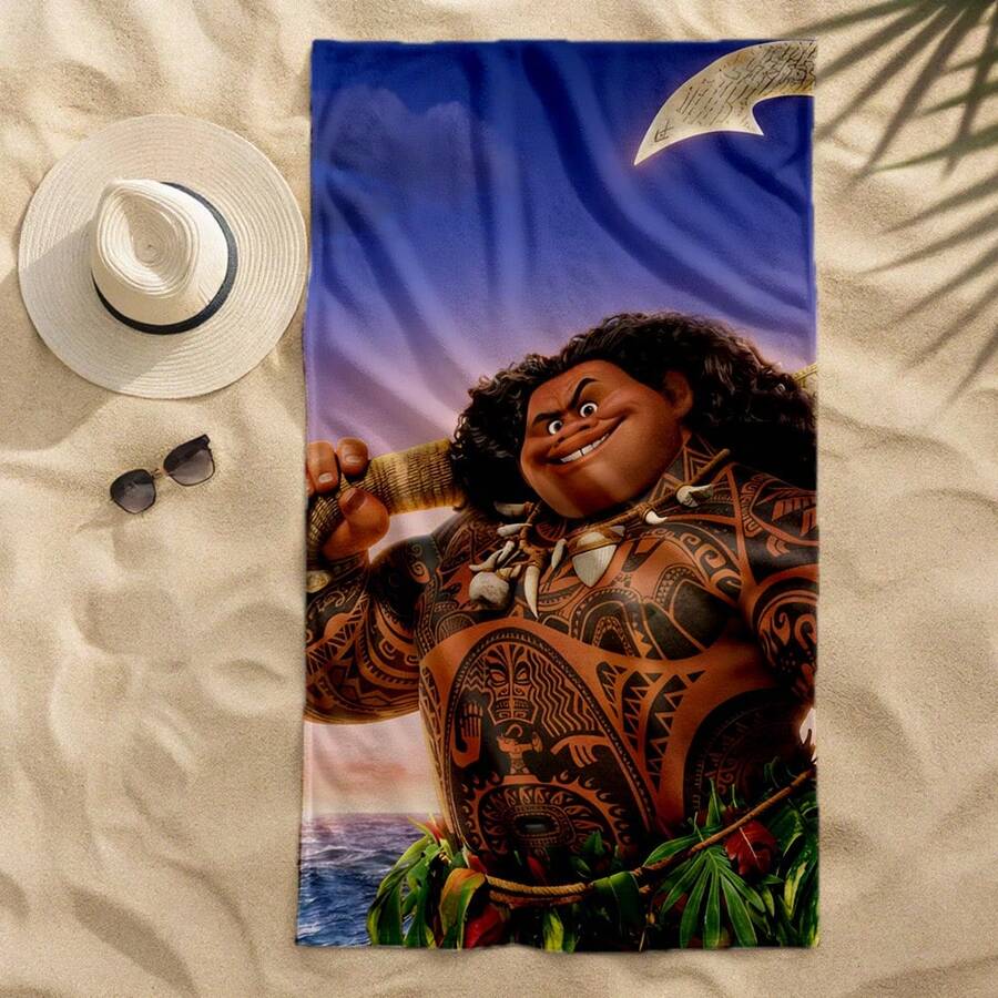 1pc Moana Maui Tattoo Printed Bath Towel, Blue & Brown Contrast Quick-Dry Beach Towel, ,Home Bathroom Absorbent Wrap Towel,Super Soft And Absorbent, Cool Summer Towel, Suitable For Holiday Birthday Gifts, Home And Travel - Nhiều màu - Xem 1