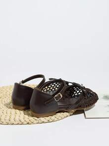 1 Pair New Fashion Elegant Woven Bow Knot Breathable Lightweight Comfortable Soft Non-Slip Flat Hollow-Out Sandals For Big Kids Girls, Suitable For Indoor/Outdoor, Party, All Seasons - Coffee Brown - View 8