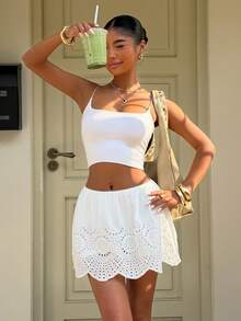 Sunny Girly Women's Summer Y2K Sexy & Alluring Asymmetrical Hem Embroidered Cutout Mini Skirt, Ideal For Beach, Vacation, Street Style, Casual Daily And Loungewear - White - View 10