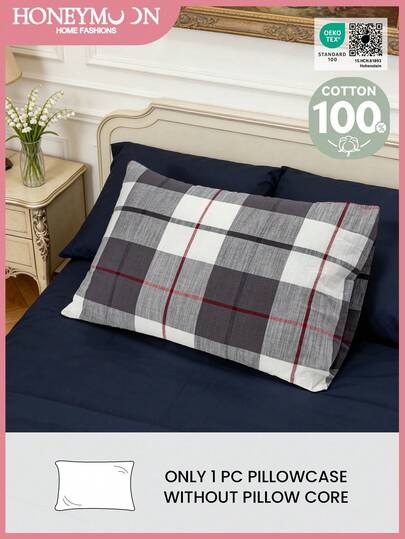 蜜月主题 1 件装纱线染色格子枕套 - 100% 纯棉纱线染色格子枕套，柔软透气，信封式开口，不含枕芯 - T F Q K 尺寸，适用于家庭和宿舍，通过 Oeko-Tex 认证