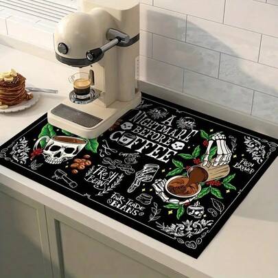 1 pieza Tapete resistente al calor con diseño de calavera y café, tapete de aislamiento de goma blanda, tapete protector de mesa, tapete para máquina de café, tapete de drenaje de cocina, individual de hogar y cocina