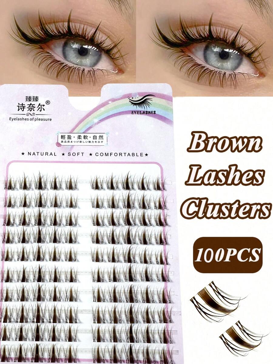100pcs C-Curl Brown Anime Style Transparent Stem Cluster False Eyelashes, Natural & Lengthening, Manga Design, Individual Lashes For DIY - C - View 1