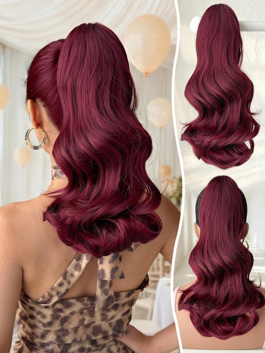 12-14 Inch Burgundy Deep Wave Thermoplastic Fiber Synthetic Ponytail Hair Extension, Claw Ponytail Holder, Suitable For Women's Party And Daily Use