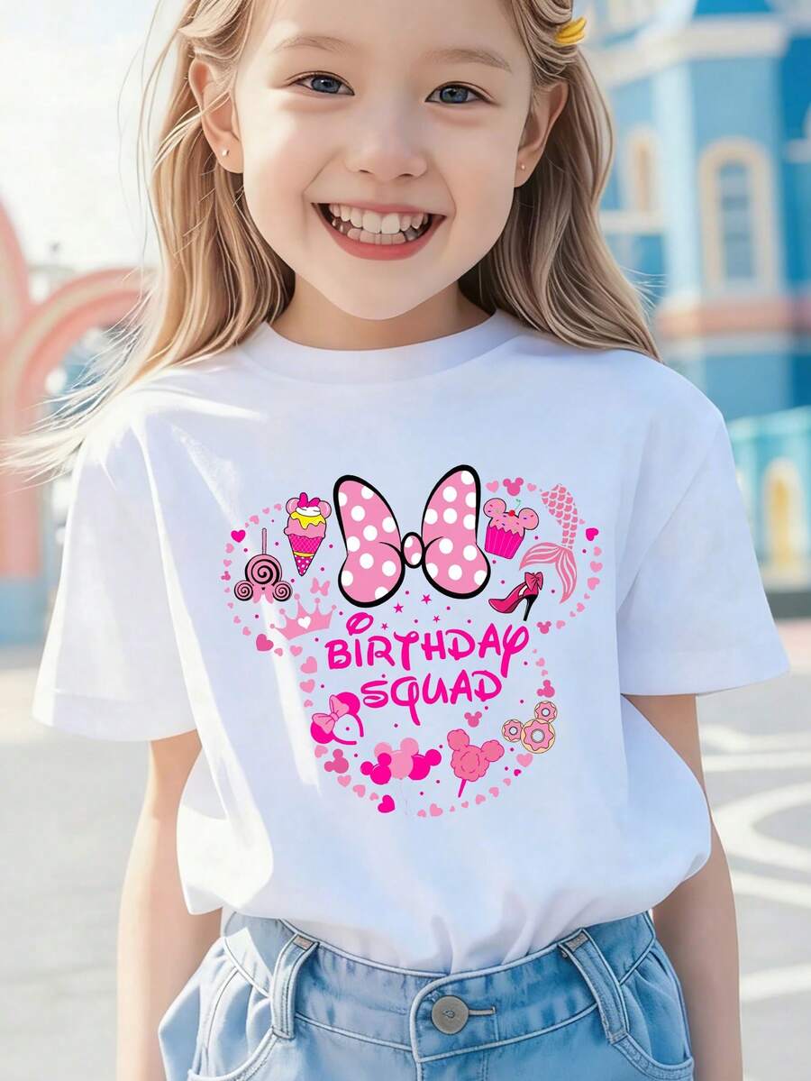 Disney Officially Licensed Minnie Mouse Birthday Squad Heart Print Short Sleeve T-Shirt For Girls, Cute Soft Breathable Casual Top Ideal For Theme Park Visits And Birthday Celebrations - White - View 1