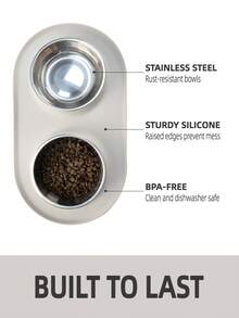 Silicone Pet Bowl, Basic Bowl, Dual-Compartment, Dry & Wet Food Separation - Light Gray Double Bowl (without Stainless Steel Bowl) - View 4