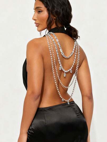 Rhinestone Multi-Layer Back Chain With Large Rhinestone Tassel Bling Show Field Street Photo DJ Bride Versatile Necklace Adjustable,European And American Multi-Layer Back Chain Exaggerated Design Rhinestone Back Chain Suit Versatile Necklace,Autumn And Winter Fashion Outfit Collocation;