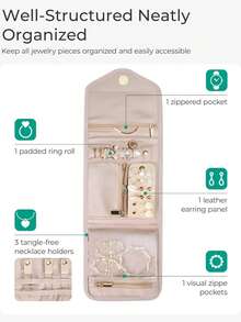 1个女士旅行首饰收纳盒，可折叠小巧首饰卷，适用于旅行收纳戒指、项链、耳环、手镯，迷你款，柔粉色（不含首饰） - 粉色 - 查看 5