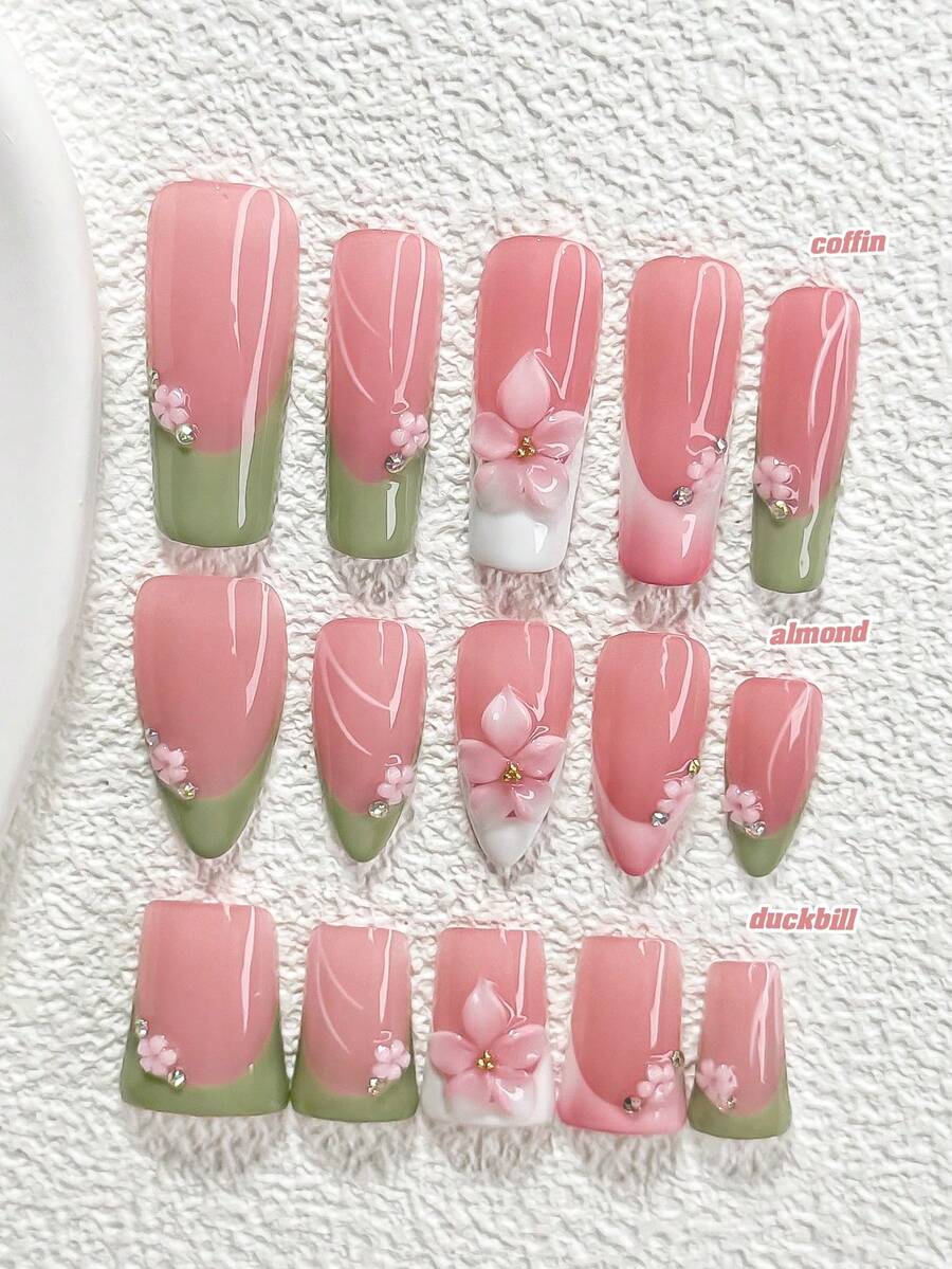 10pcs Premium Elegant Acrylic Nail Art Set, Handmade 5-Petal Flower Nail Decorations, Silver Rhinestone Accents, Pink 3D Camellia, Green Nail Polish, Includes Nail Tools (1 Jelly Sticker + 1 Nail File), 3 Sizes Available: Almond, Duck Mouth, Coffin Shape, Suitable For Women And Girls Press On Nails - Nhiều màu - Xem 1
