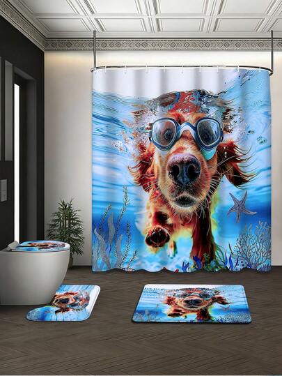 1/4pcs Cute Golden Retriever Bathroom Shower Curtain Set, 72in*72in - Waterproof, Mildew Resistant Bathroom Accessories Includes Toilet Lid Cover, U-Shaped Toilet Mat And Non-Slip Floor Mat, Made Of Polyester Knitted Fabric, Suitable For Spring, Home/Hotel/Dorm/Outdoor/Holiday Bathroom Decor, Great Gift For Pet Lovers [Includes 12 Hooks]