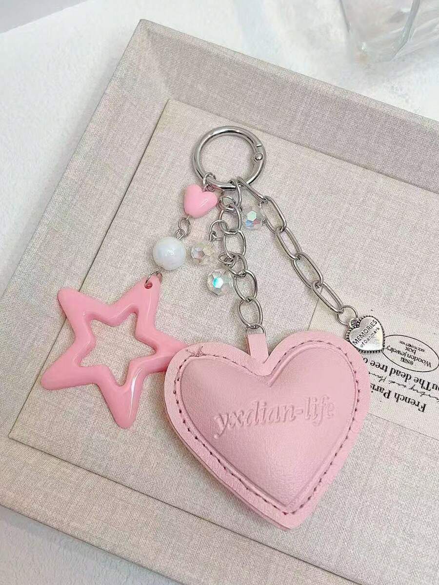 1pc Pink Heart Leather Camera Keychain, Bag & Phone Charm - Pink - View 1