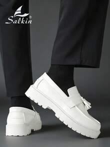 Salkin 简约设计师男士乐福鞋，便捷的套脚休闲鞋，厚底增高鞋，亮白色皮革，柔软纯色正装鞋，现代生活平价奢华之选，柔软舒适的圆头正式皮鞋，优雅绅士商务橡胶底日常步行鞋，适合情侣、外出、公园、派对、婚礼等场合，时尚新郎鞋，社交场合礼品，四季皆宜。尺码偏小，建议选购大一码。 - 白色 - 查看 7