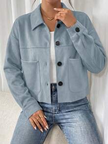 Women's Faux Suede Cropped Jacket Casual Fall Fashion Button Down Winter Coats Outerwear Clothes Christmas New Years Outfit Women - 淺藍色 - 查看 3