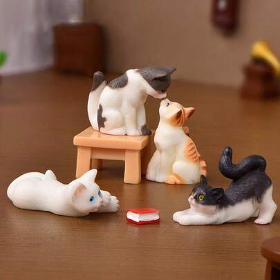 6pcs/Set Miniature Resin Cat Figurine Accessories, Simulated Cat Desk Statue Furniture Decorative Ornament, Creative Cartoon Resin Craft For Doll House Fairy Garden Flowerpot Landscape