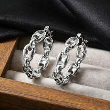 1 Pair Classic Fashion 18K White Gold Plated Hollow Pig Nose Chain Link Stainless Steel Earrings, Suitable For Daily, Commute, Party, Banquet Wear, All Seasons - Silver - View 5