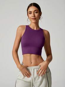 NcmRyu 一件装女士多功能罗纹跑步、健身、瑜伽、普拉提训练、舞蹈运动背心 - 紫色 - 查看 4