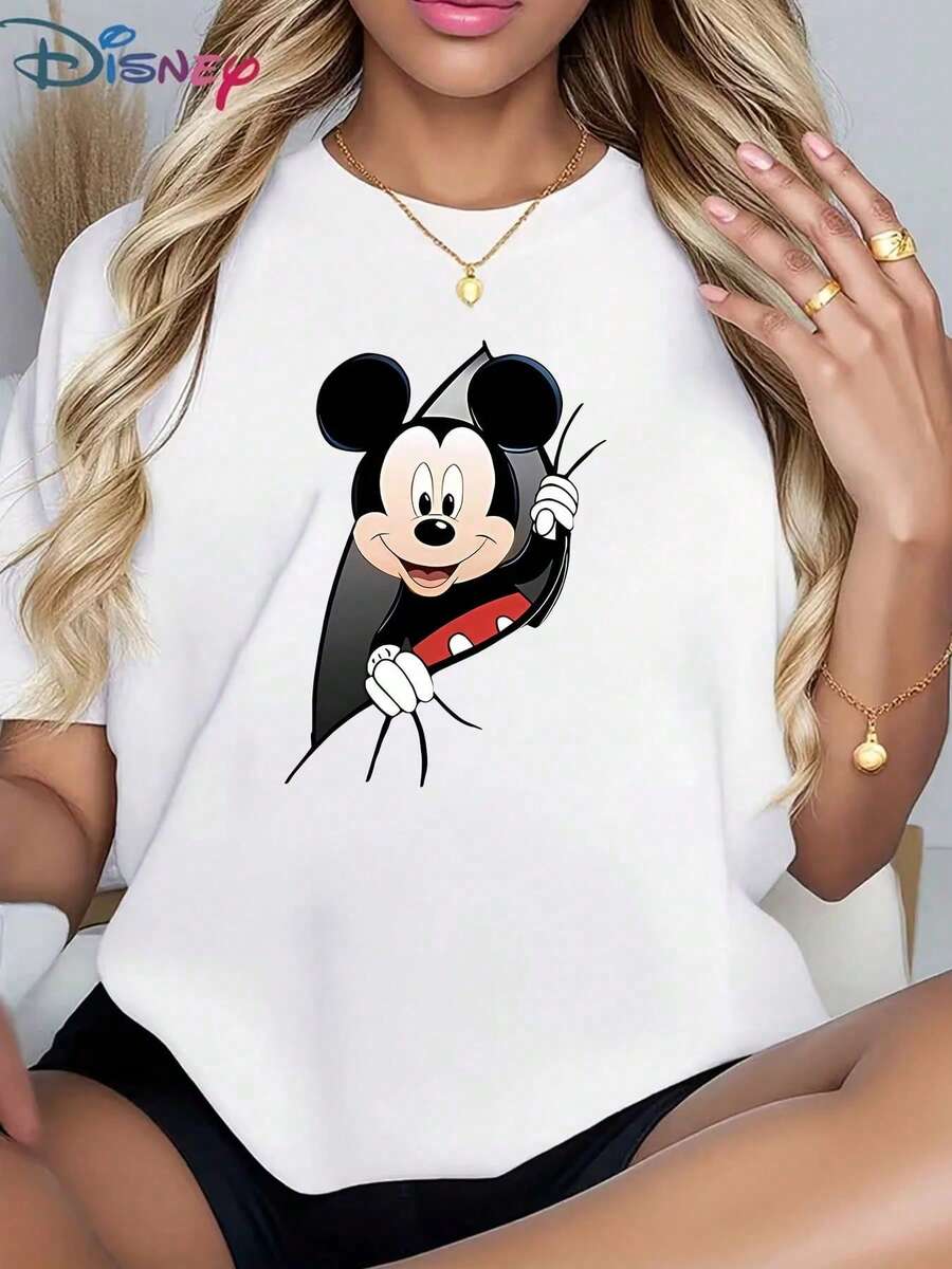Disney Casual Women's White Short Sleeve Round Neck Cotton T-Shirt With Fun Mickey Mouse Peeking Print, Regular Fit Top With Slight Stretch - 白色 - 查看 1