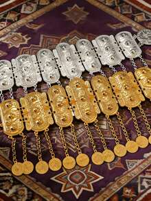 1pc Gold/Silver Coin Belt Set | Luxurious Rectangular Plate With Coin Tassel Chain, Glamorous Plated Non-Glossy Bridal And Festival Waist Chain - Choose Your Finish, Gold Or Silver Set Rectangular Plate Non-Glossy Coin Pendant - Silver - View 5