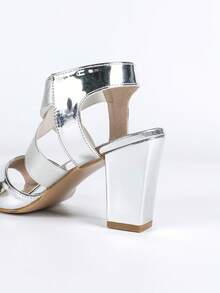 Sandalias de tacón grueso de punta abierta versátiles para mujer - Plateado - Ver 8