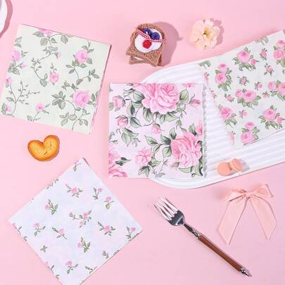 20张/40张/60张装，玫瑰花餐巾纸 - 春季一次性纸巾，复古玫瑰花装饰，每张餐巾纸包含4种图案，适用于花园春季茶会、婚礼、新娘送礼会、新生儿派对、生日主题派对装饰及餐桌布置。