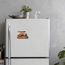 Red & White Retro Camper With Full Campsite Scene Magnet: Canoe On Roof & Yellow Awning, Wooden Deck With Campfire, Guitar, Cooler & Pots, Stone Path & Greenery – A Cozy Little Camping Base For Your Fridge - E - View 4