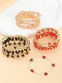 5pcs/Set Multilayer Red Beaded Heart Bracelet, Stackable Fashion Versatile Everyday Wear, Suitable As Anniversary Or Birthday Gift - A - View 1