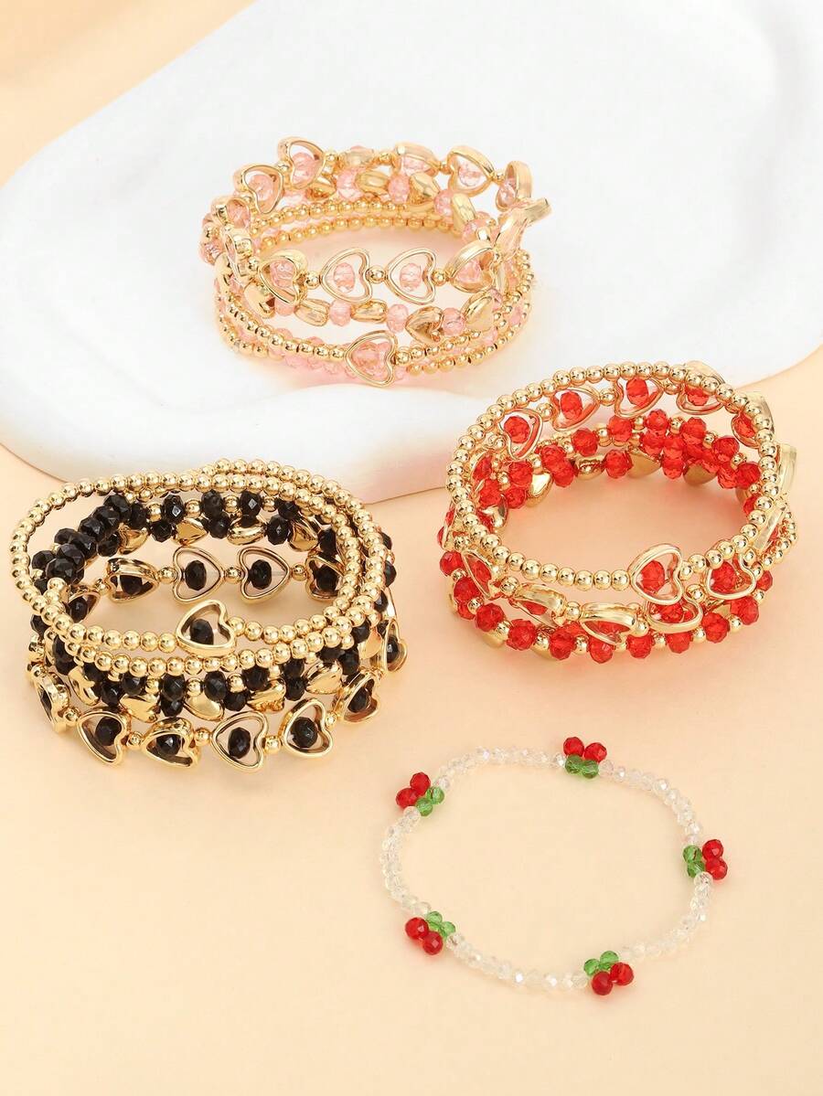 5pcs/Set Multilayer Red Beaded Heart Bracelet, Stackable Fashion Versatile Everyday Wear, Suitable As Anniversary Or Birthday Gift - A - View 1
