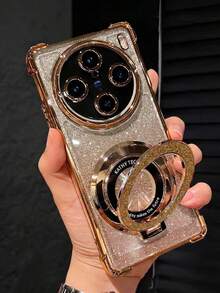 Luxury Electroplated Phone Case, Creative Circular Ring Magnetic Holder, Sparkling Rhinestone Style, New Summer Fashionable Silicone Shock-Proof Soft Shell, Suitable Compatible With Samsung Galaxy S24 S25 Ultra FE A56 A16 4G 5G, 14C, Honor Reno MOTO , Y2K Style Unisex 2025 - Gold - View 4