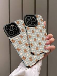 1个简约个性蓝色格子熊印花竖条纹仿皮软壳手机壳，适合作为礼物送给朋友和爱人，兼容苹果 17/17AIR/17PRO/17PROMAX - 彩色 - 查看 4