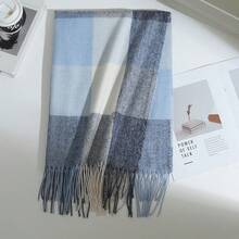 1pc 100% Wool Plaid Scarf, Women's High-End Shawl, 2025 New Winter Neck Warmer, Birthday Gift - Blue - View 6