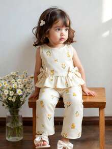 Baby Girls' Pink Floral Chiffon Print Vest Top With 3D Bow And Pants Set, Baby & Toddler Clothing - Apricot - View 9