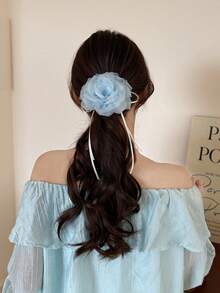 1 pieza Elegante Scrunchie de pelo con flor 3D rosa de moda para mujer, Lazo de flor de malla sofisticado y dulce para niña, Accesorio de pelo elástico con moño para coletero - Multicolor - Ver 6