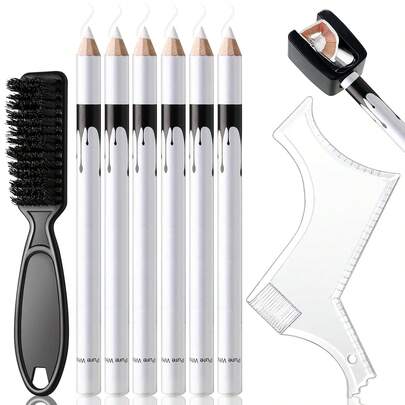 White Barber Pencil For Lineup, Magic Hairline Beard Shaping Pencil, Barber Chalk For Hairline Styling & Design, Complete Set With Sharpener, Ruler & Brush For Men
