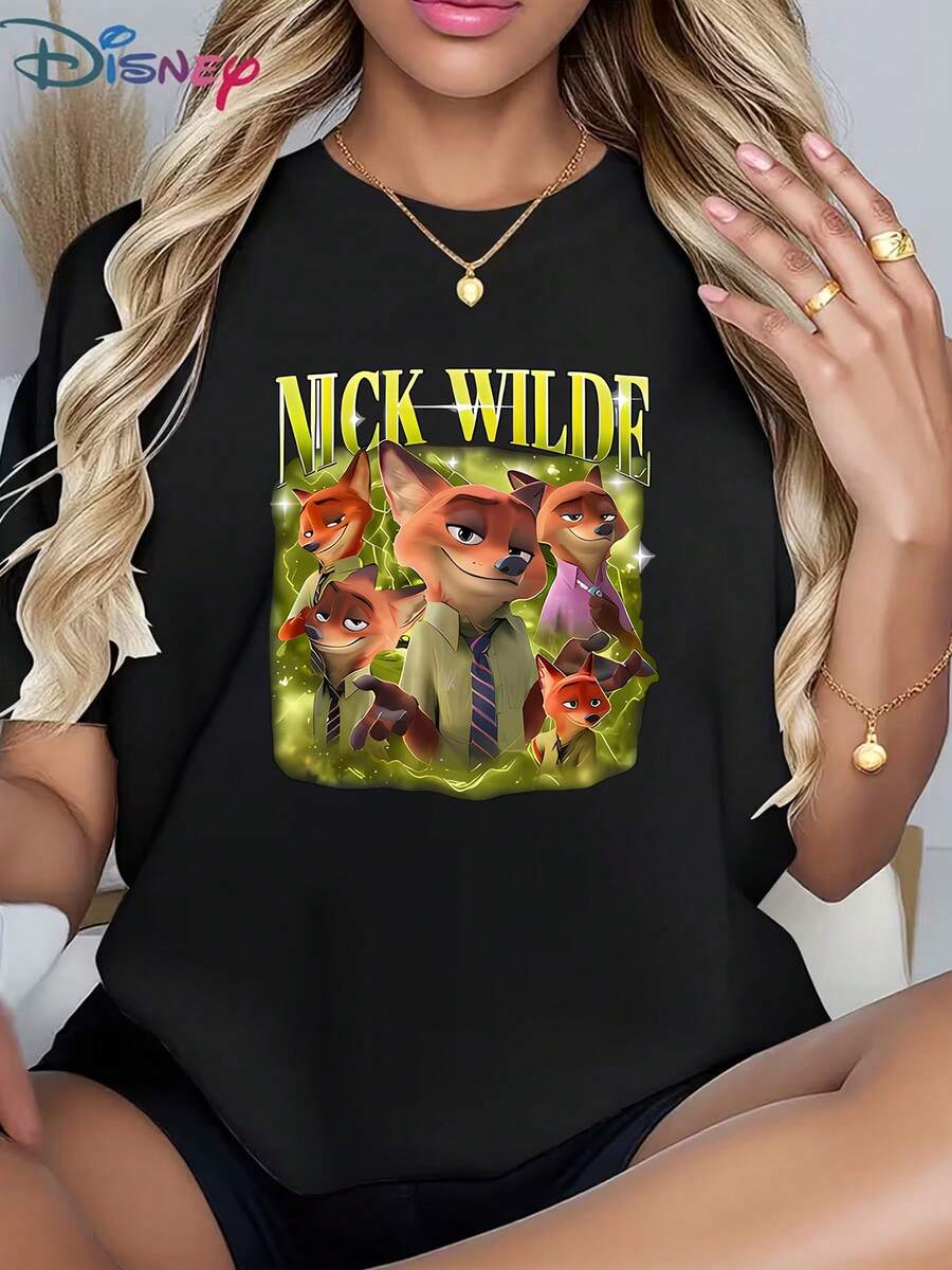 Casual Women's Disney Graphic T-Shirt, Featuring Nick Wilde Retro Bootleg Design (Red Fun Print) - Versatile For School, Hangouts & Casual Parties, Popular Women's Cartoon TeeMade From Soft, Comfortable, And Durable Pure Cotton, This Is An Ideal Choice For Spring And Summer. This Crew Neck T-Shirt Is Suitable For Various Occasions, Including Everyday Wear, Shopping, Parties, Travel, And Gatherings, And Also Makes A Thoughtful Gift. - 白色 - 查看 1