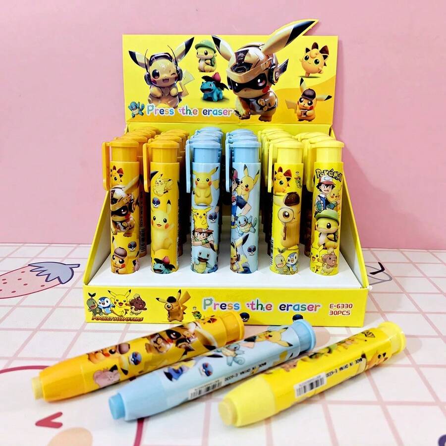 pokemon Bộ văn phòng phẩm 3 món: Tẩy bấm mới, bút tẩy hình hoạt hình, quà tặng cho trẻ em - Nhiều màu - Xem 1