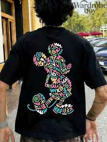 Disney American Art Mouse Printed T-Shirt,Double-Sided Printed T-Shirt,  Mouse  Graffiti Style T-Shirt,  Family Travel And Vacation Style T-Shirt, Unisex,High-Quality Pure Cotton T-Shirt,Suitable For All Seasons, Comfortable And Breathable| Exquisite Design | The Best Choice For Giving Gifts - 黑色 - 查看 3