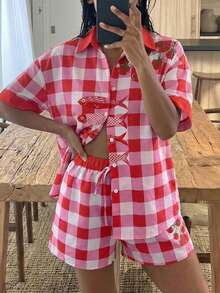 Spring/Summer Women 2-Piece Set, Red & White Plaid Tomato & Fish Print Short Sleeve Shirt And Drawstring Shorts, Italian Casual Holiday Beach Outfit - Multicolor - View 10