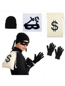 4pcs/Set Thief Costume, Including 1 Dollar Money Bag, 1 Pair Black Gloves, 1 Mask, 1 Black Hat - Suitable For Theme Parties, Cosplay, Treasure Hunters, Halloween Parties, Role-Playing, Team Building Activities, Funny Dress-Up - Black - View 4