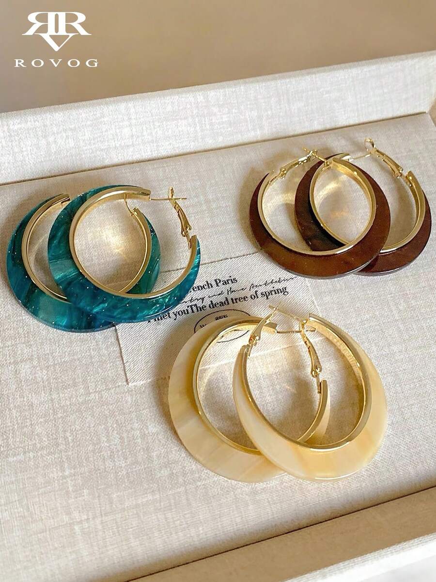 3 Pairs Vintage Resin Big Hoop Earrings, Elegant Minimalist Exaggerated Hoops, Suitable For Party, Vacation, And Daily Wear