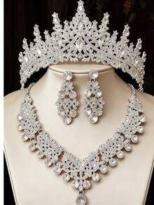 1 套金色新娘首饰 - 水钻皇冠、项链、耳环（4 件）、婚礼配饰，适合新娘礼服、婚礼、派对、舞会 - 銀色 - 查看 16