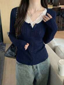 春夏新款镂空针织开衫，设计精巧的小码短款长袖上衣，温柔优雅，适合通勤和约会穿着。 - 寶藍色 - 查看 2