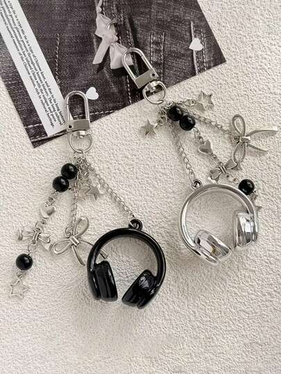 1pc/2pcs Cute 3D Beaded Earphone Keychain, Comes With Elegant Y2K Style Earphone Bracelet, Star & Bow Beaded Pendant, Suitable For Sweet Accessories, Phone/Bag Charm, Music Theme Couple Jewelry, Phone Lanyard Pendant, Backpack Decor, Great Gift For Friends/Girlfriend/Family