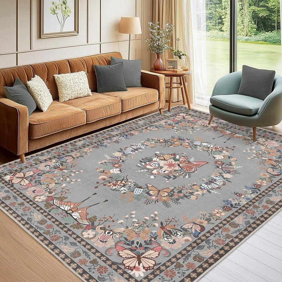 Moderner Boho-Wohnzimmerteppich, Kurzflor, Rutschfest & Waschbar, Weicher Teppich für Schlafzimmer - Grau 1St - Übersicht 1