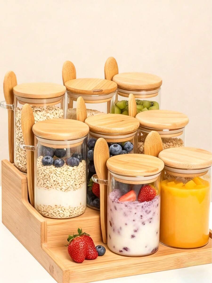 1个带盖带勺子的玻璃食品容器，可重复使用，适用于隔夜燕麦、酸奶、沙拉、布丁等食物的备餐，宽口设计，也可作咖啡罐、调料罐、烧烤容器、派对礼品、密封麦片罐、咖啡罐、面粉罐，厨房收纳好帮手，返校季必备 - 适合居家收纳和送礼 - 彩色 - 查看 1